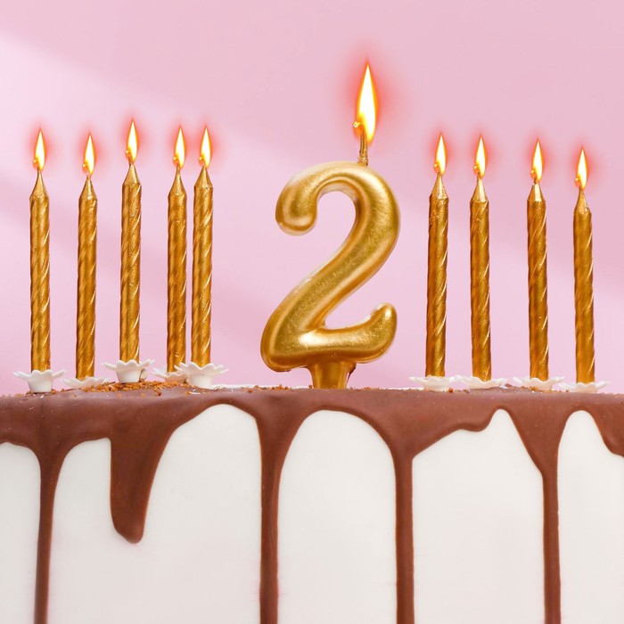 Набор свечей для торта (2 в 1) золотая Цифра 2 + Свечи С Днём Рождения золотые 10 шт, 7 см 71508