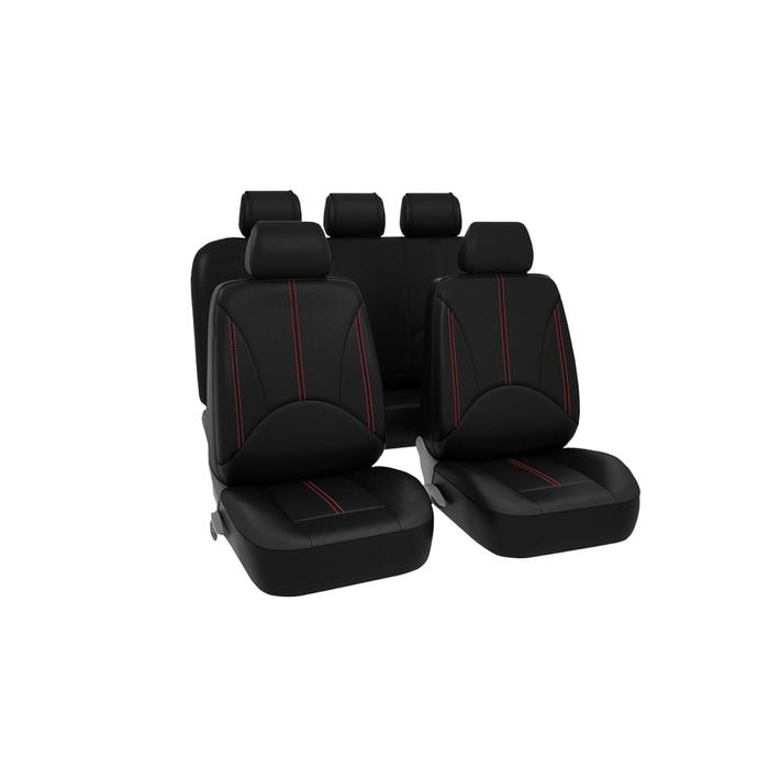 фото Чехлы универсальные на автомобильные сиденья,комплект "elite", экокожа, черные/красная строчка 731 kraft