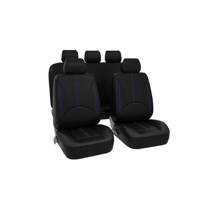 фото Чехлы универсальные на автомобильные сиденья,комплект "elite", экокожа, черные/синяя строчка 73127 kraft