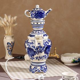 

Самовар электрический с заварником "Пион", гжель, в наборе: самовар 4 л, чайник 0.5 л, керамика