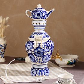 

Самовар электрический с заварником "Кот", гжель, в наборе: самовар 4 л, чайник 0.5 л, керамика