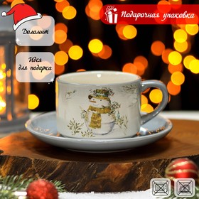 купить Чайная пара Доляна Рождественский снеговик, чашка 210 мл, блюдце d15 см
