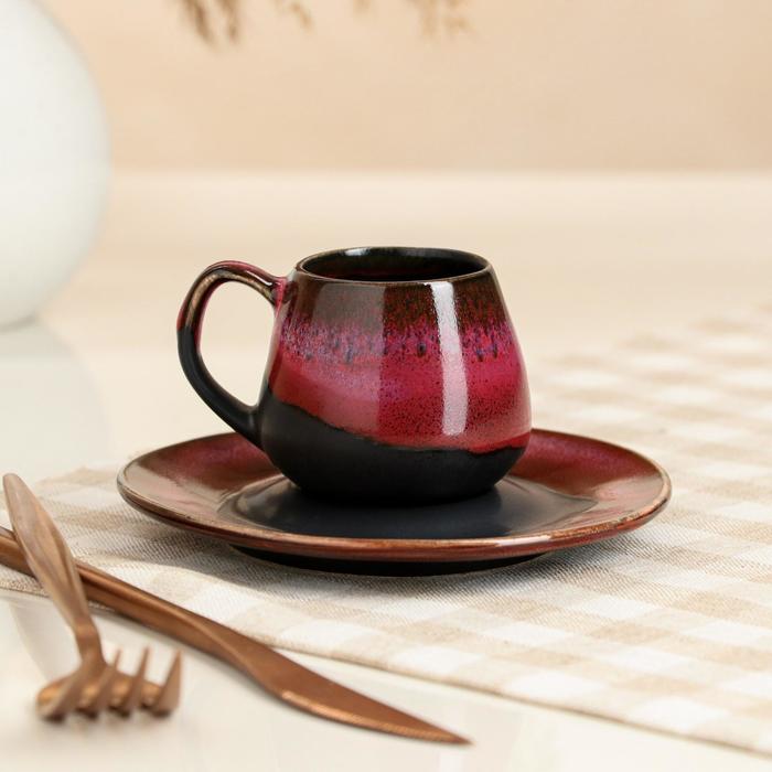 

Кофейная пара "Бочка", глазурь, матовая, чёрно-красная, чашка 70 мл, блюдце