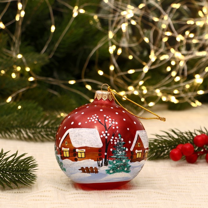 

Ёлочный шар d-10 см "Родная деревня" ручная роспись, красный