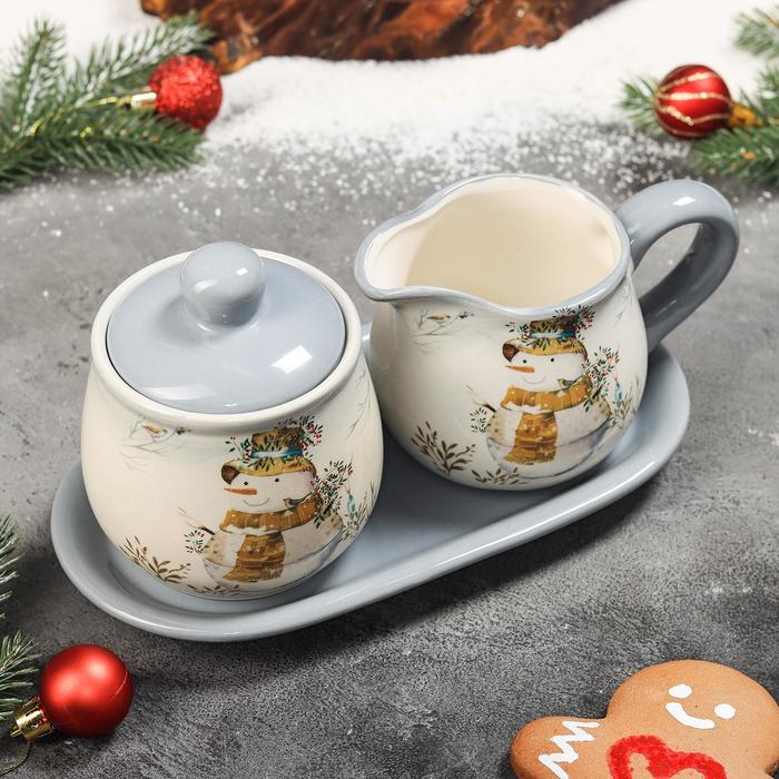 Набор сервировочный Доляна «Рождественский снеговик»,  2 предмета: молочник 270 мл, сахарница 310 мл