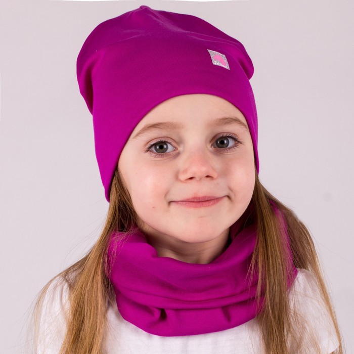 Комплект (шапка,снуд) для девочки, цвет фиолетовый/сердечко, размер 46-50