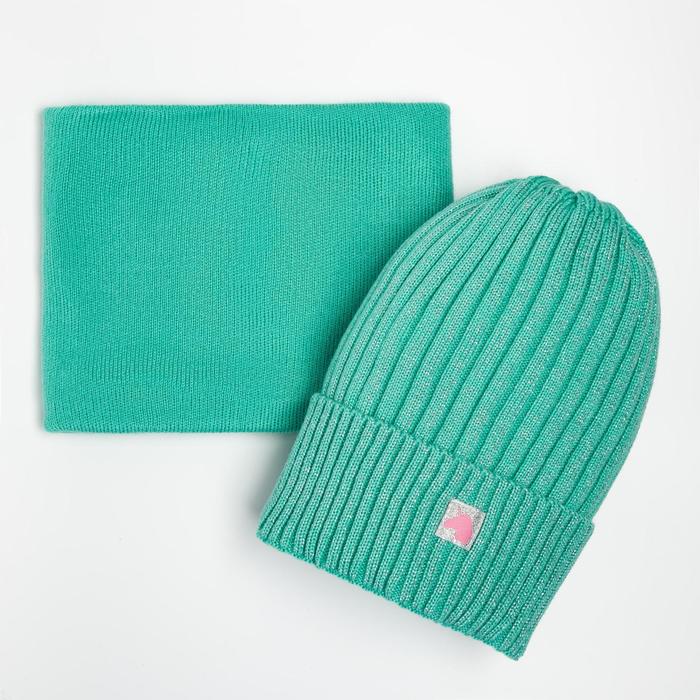 Комплект (шапка,снуд) для девочки, цвет мята/единорог, размер 48-52
