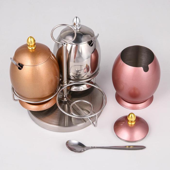 фото Набор сахарниц из нержавеющей стали «эгги», 17×17×17 см, на подставке, с ложками, 3 шт