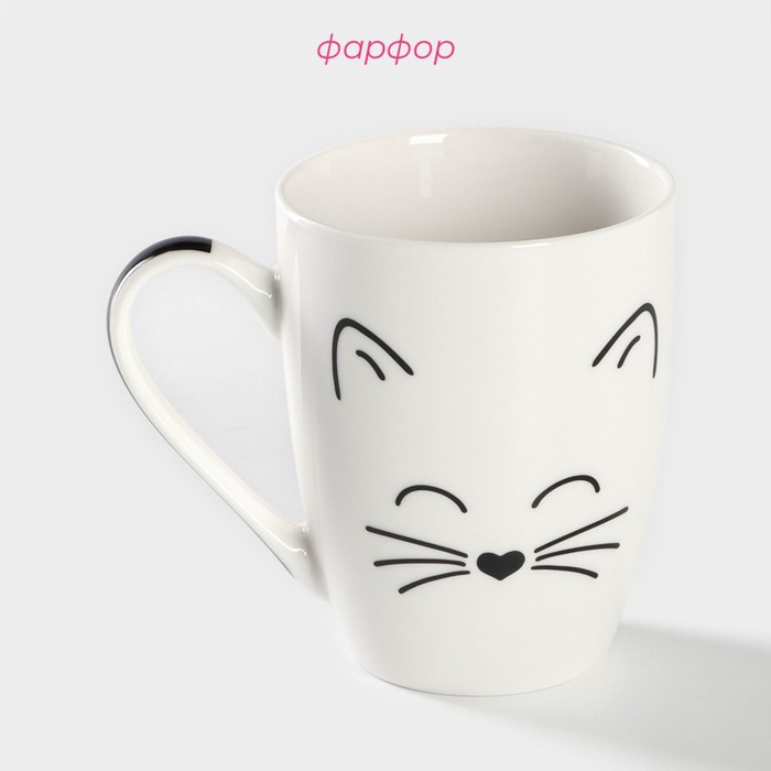 фото Кружка фарфоровая доляна «белый кот», 350 мл, цвет белый