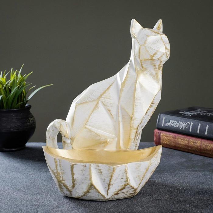 фото Подставка универсальная "кот полигональный" белый с золотом, 29х23х20см хорошие сувениры