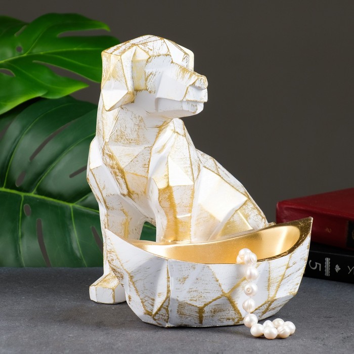 фото Подставка универсальная "собака полигоная" белый с золотом, 25х21х21см хорошие сувениры