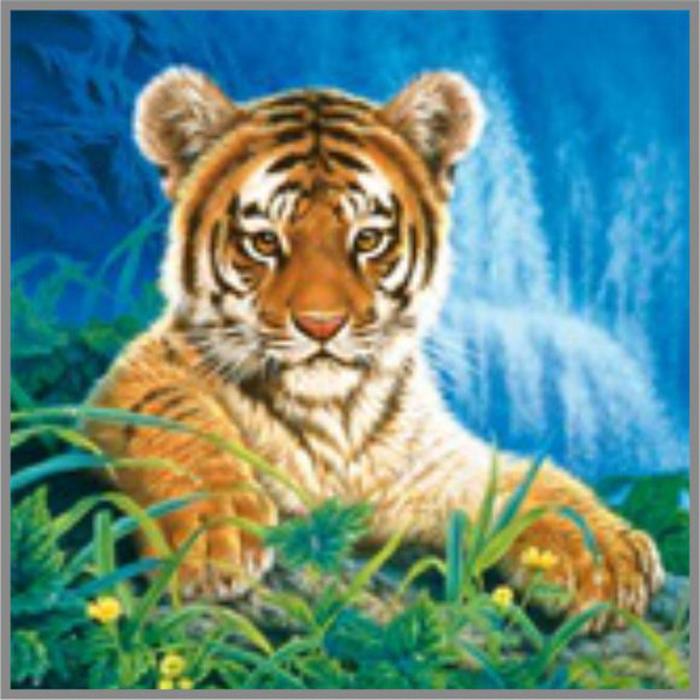 Алмазная мозаика «Тигрёнок у водопада» 20×20см, 21 цвет