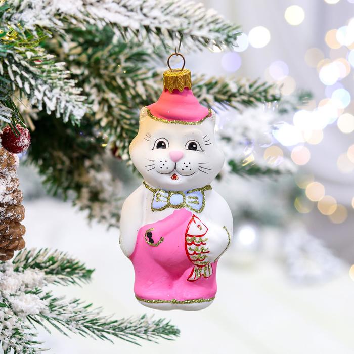 

Ёлочная игрушка "Котик с рыбкой", 12 см, стекло
