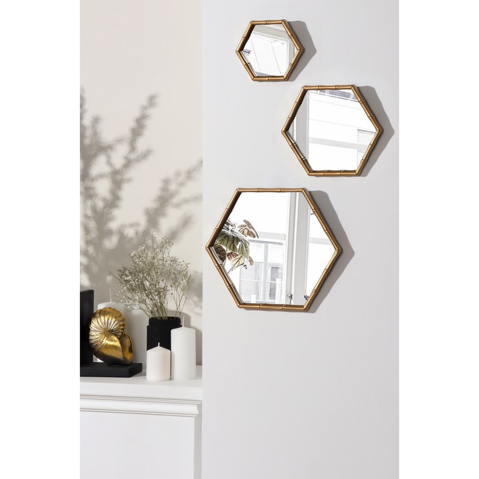 фото Набор настенных зеркал «бамбук», зеркальная поверхность 26 × 30 /19,7 × 22,5 /13 × 15 см, цвет золотистый queen fair