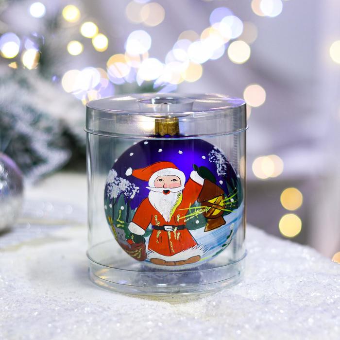 Ёлочная игрушка Шар Дед Мороз с фонарем, 80 мм, стекло, ручная роспись