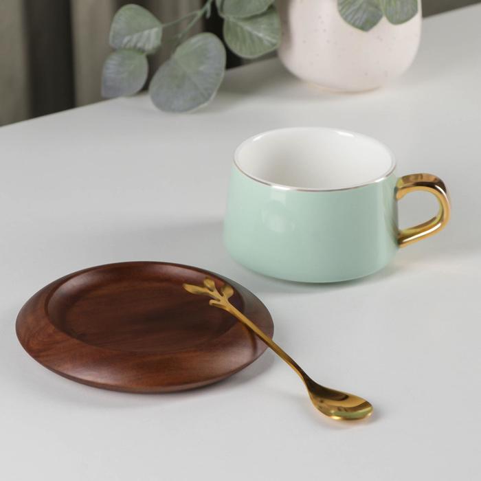 фото Чайная пара керамическая с ложкой «улун», 2 предмета: чашка 280 мл, блюдце d=13 см, цвет светло-зелёный