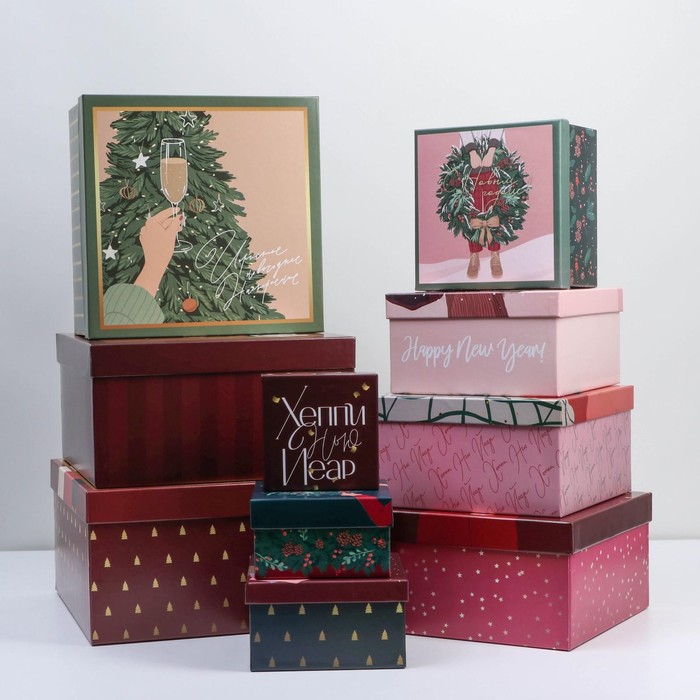 набор подарочных коробок 6 в 1 нежность 10 × 10 × 6 20 × 20 × 11 см Набор подарочных коробок 10 в 1 «Happy new year», 10 × 10 × 6 ‒ 28 × 28 × 15 см