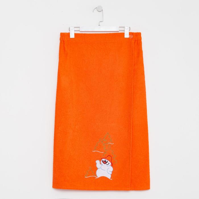 Килт женский,  80х150+-2 см, цвет оранжевый, вышивка Снеговик, махра 300г/м², 100 % хлопок