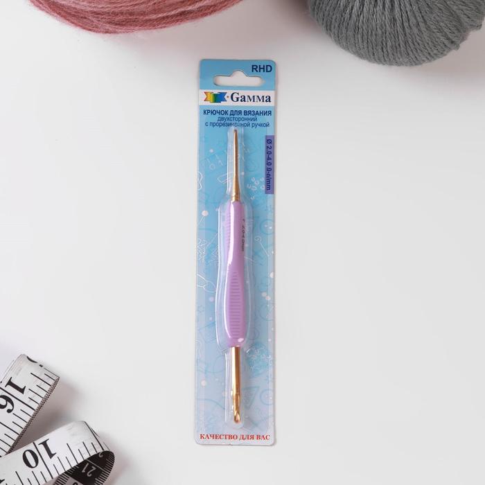 фото Крючок для вязания, двусторонний, с прорезиненной ручкой, d = 2/4 мм, 13,5 см, цвет розовый gamma