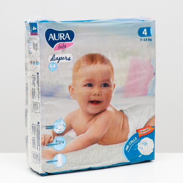 

Подгузники одноразовые для детей Aura Baby 4/L 7-14 кг mega-pack 64шт