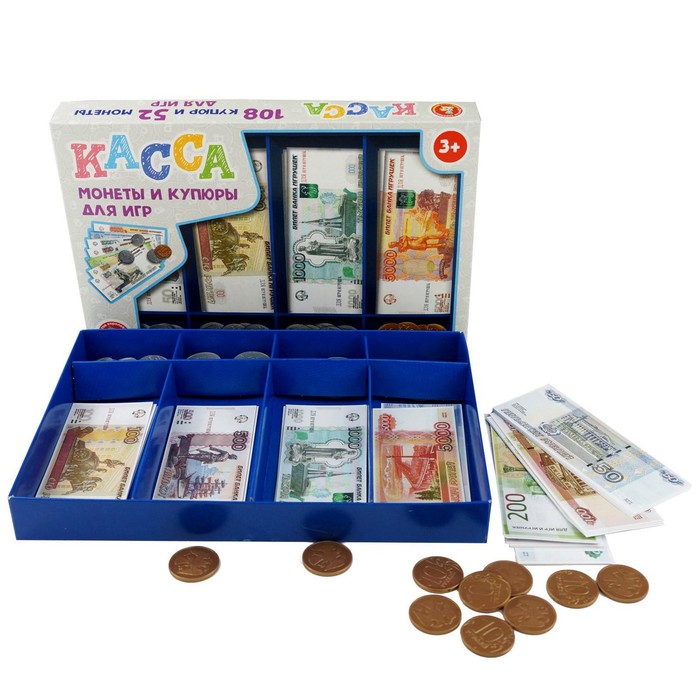 Обучающая игра «Касса. Монеты и купюры для игр» игрушечный набор магазинчик бумажные купюры монеты карточки купоны zabiaka