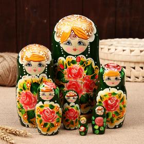 Матрёшка 'Поднос с розами', зелезеленый платок, 7 кукольная, 21 см Ош