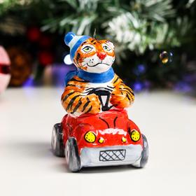 

Ёлочная игрушка "Тигр на машинке", ярославкая майолика