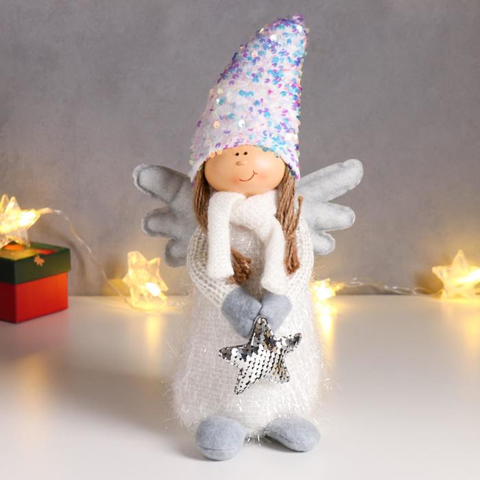 Кукла интерьерная "Ангел в серебристом наряде и колпаке с пайетками, со звездой" 40х13х14 см  62601