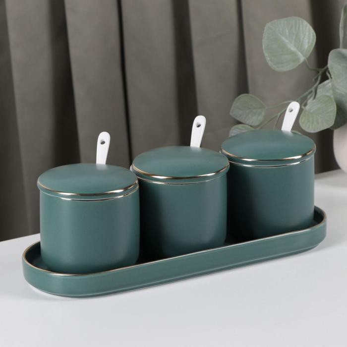 Набор банок керамических с ложками на подставке «Пастель», 3 предмета: 250 мл, цвет зелёный набор из 2 банок с ложками на подставке 360 мл