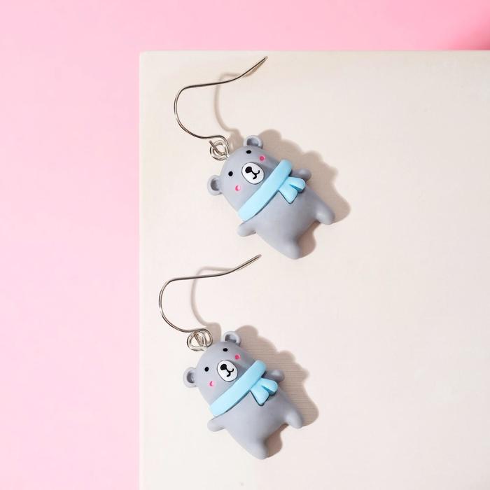 Серьги детские "Выбражулька" мишки, цвет серо-голубой в серебре