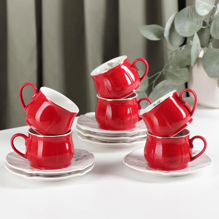 Сервиз керамический кофейный «Шишечки», 12 предметов: 6 чашек 90 мл, 6 блюдец d=12 см, цвет красный сервиз керамический чайный шишечки 12 предметов чашка 200 мл блюдце d 14 5 см цвет красный