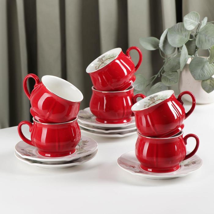 Сервиз керамический чайный «Шишечки», 12 предметов: чашка 200 мл, блюдце d=14,5 см, цвет красный сервиз керамический чайный шишечки 12 предметов чашка 200 мл блюдце d 14 5 см цвет красный