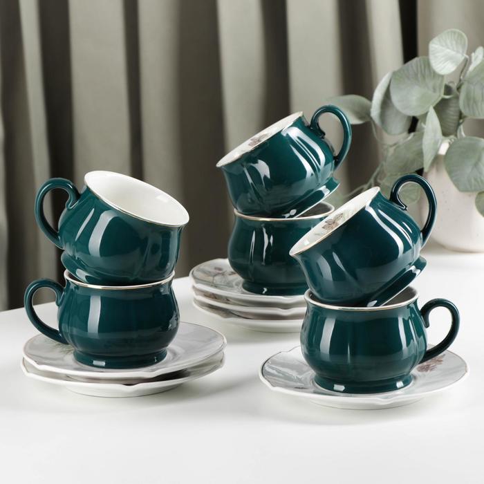 Сервиз керамический чайный «Шишечки», 12 предметов: чашка 200 мл, блюдце d=14,5 см, цвет зелёный