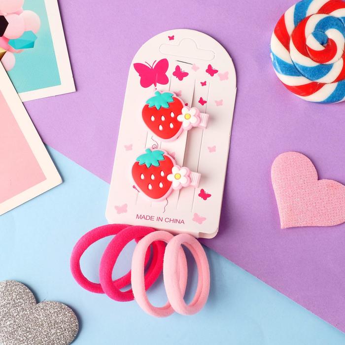 фото Набор для волос "карамелька" (4 резинки, 2 зажима) клубнички, 3,5х2,5 см, красно-розовый