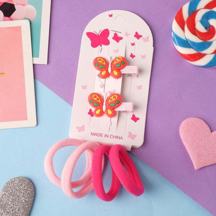 фото Набор для волос "карамелька" (4 резинки, 2 зажима) бабочки, 3,5х2,5 см, красно-розовый