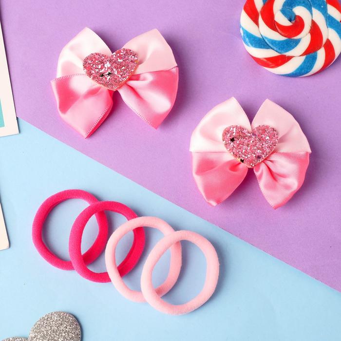 фото Набор для волос "элис" (4 резинки, 2 зажима) сердце сверкание, 5х5 см, розовый