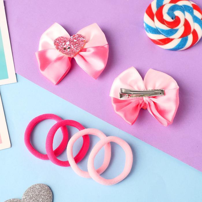 

Набор для волос "Элис" (4 резинки, 2 зажима) сердце сверкание, 5х5 см, розовый