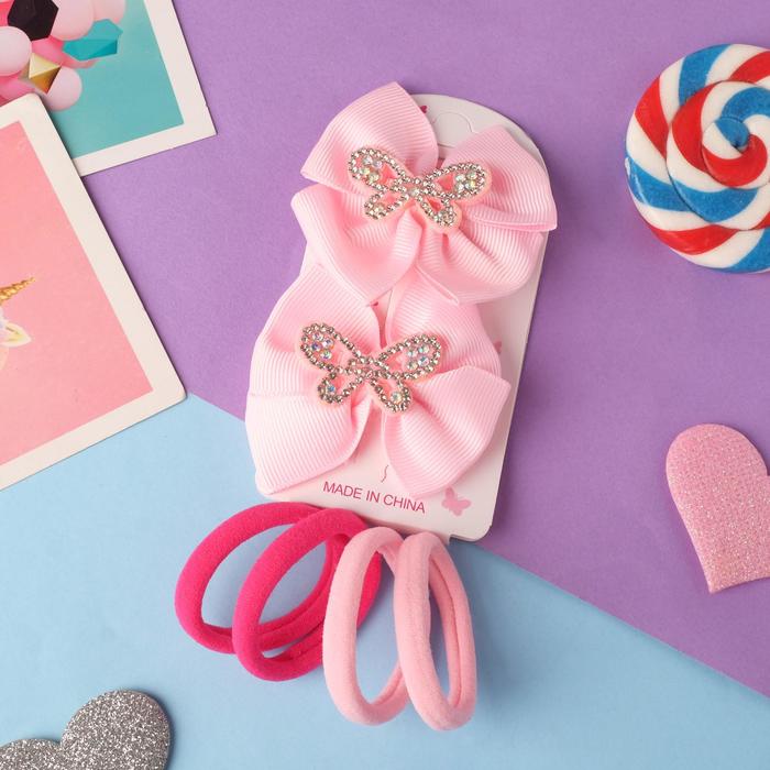 фото Набор для волос "элис" (4 резинки, 2 зажима) бабочки сверкание, 5х5 см, розовый