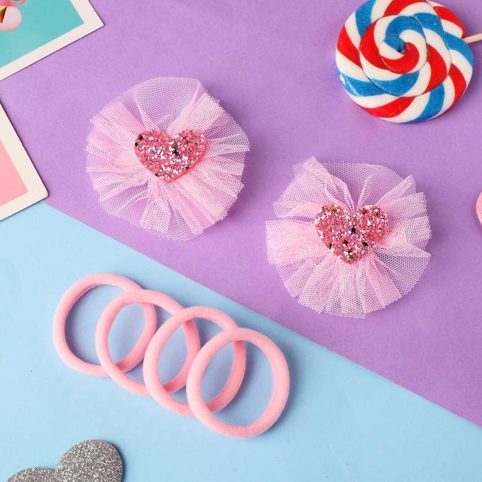 фото Набор для волос "алма" (4 резинки, 2 зажима) сердце сверкание, 5х5 см, розовый