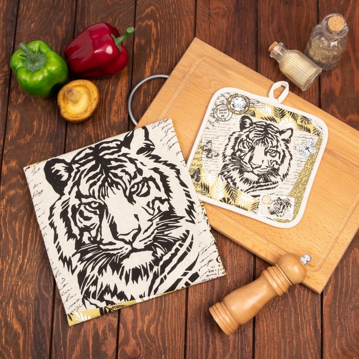 Кухонный набор Тигр винтаж (полотенце 45х60+прихватка 18х18) лен 50%, хл 50%, 160г/м2
