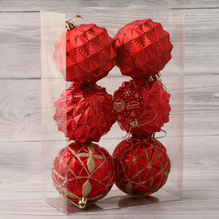 фото Набор шаров пластик d-8 см, 6 шт "беата сеточка блеск" золотисто-красный зимнее волшебство