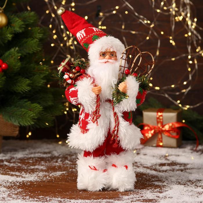 Дед Мороз В красной шубке, колпачке и с подарками 30 см
