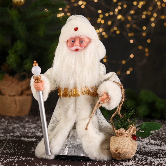 Дед Мороз В белой шубке, с посохом и мешком двигается, 12х28 см новогодние украшения maxitoys дед мороз в длинной серебряной шубке с посохом и подарками 60 см