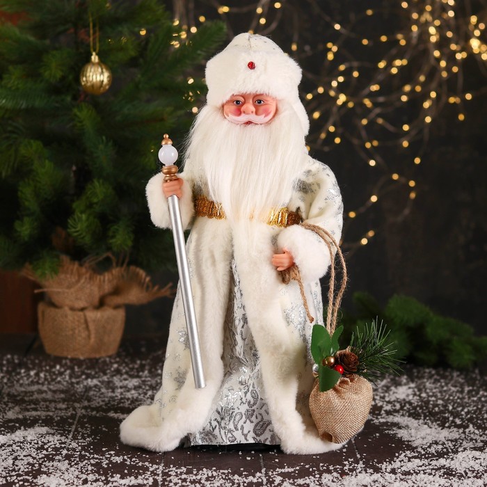 Дед Мороз В белой шубке, с посохом и мешком двигается, 40 см новогодние украшения maxitoys дед мороз в длинной серебряной шубке с посохом и подарками 60 см