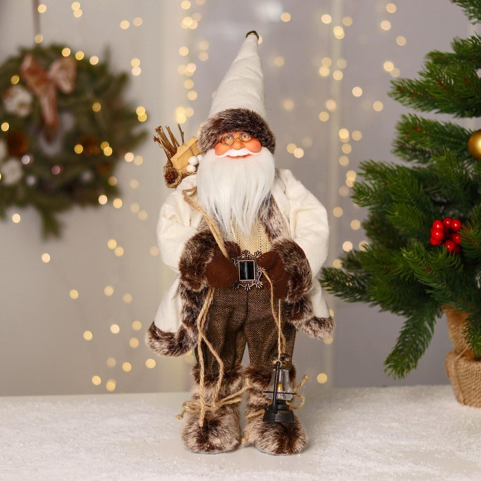 Дед Мороз В белой шубке, в колпачке, с фонариком двигается, 40 см