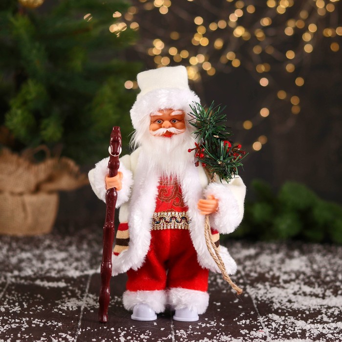 Дед Мороз В костюмчике с орнаментом, с посохом двигается, 25 см дед мороз красная шуба с посохом 39 см двигается красный