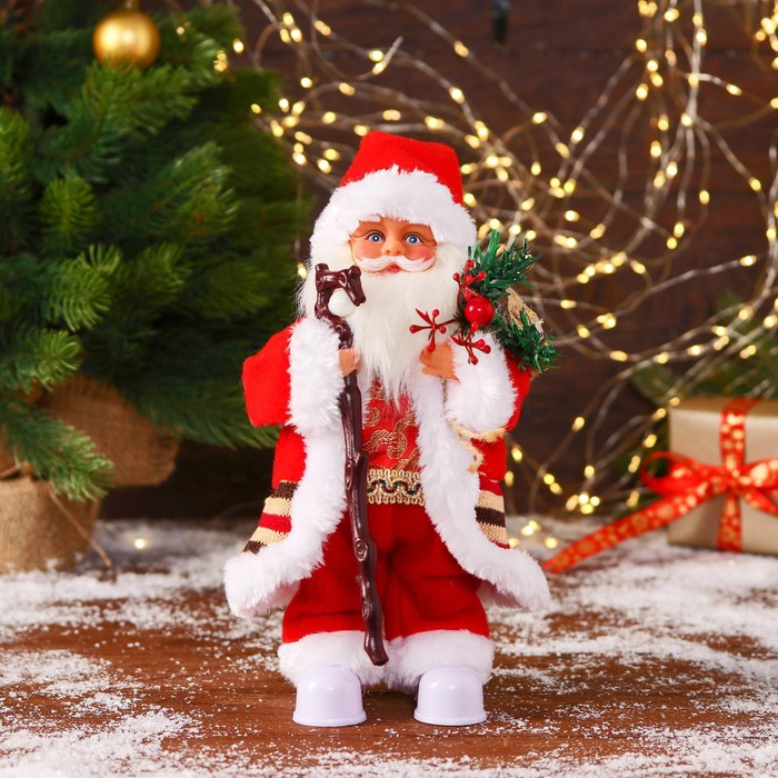 Дед Мороз В костюмчике с орнаментом, с посохом и подарками двигается, 30 см