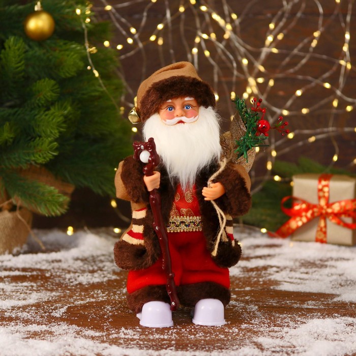 Дед Мороз В коричневой шубке, с посохом двигается, 11х30 см фигура дед мороз с посохом 34см