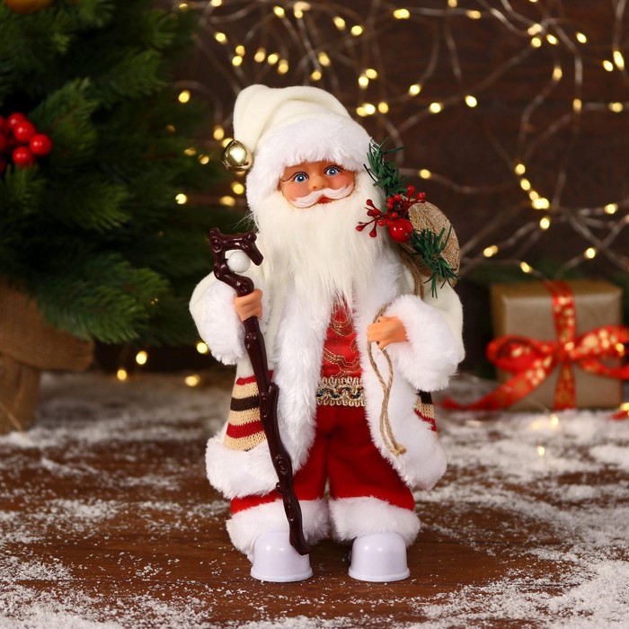 Дед Мороз В белом костюмчике с орнаментом, с посохом двигается, 11х30 см фигура дед мороз с посохом 34см