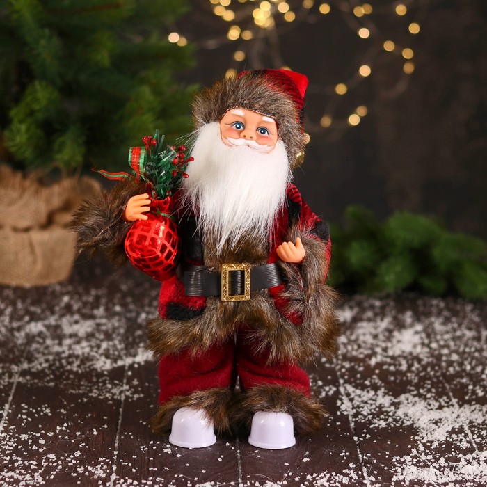 Дед Мороз В меховом красном костюмчике, с мешком двигается, 11х30 см